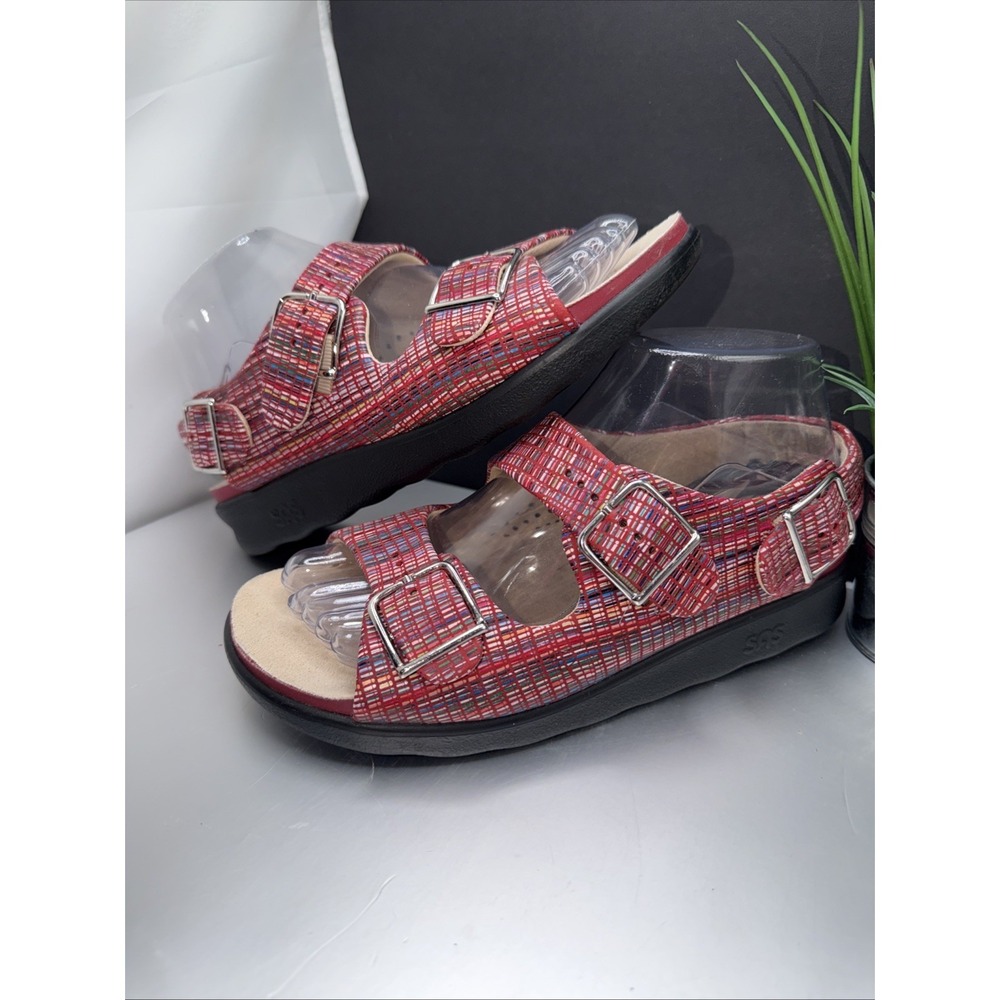 SAS Relaxed Rainbow Sandals Womens 7 Red Leather Open Toe Casual Slingback Strap - Picture 2 of 16